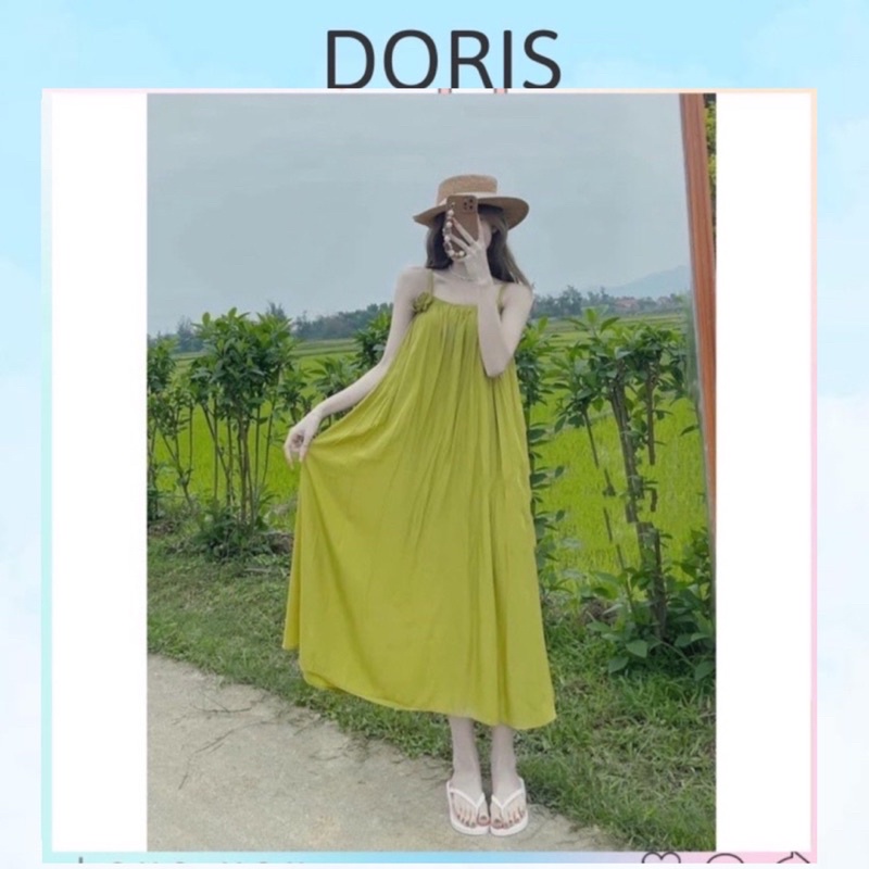 Váy maxi 2 dây phối hoa, đầm suông xanh bơ siêu xinh dễ thương đi biển đi chơi thời trang DORIS