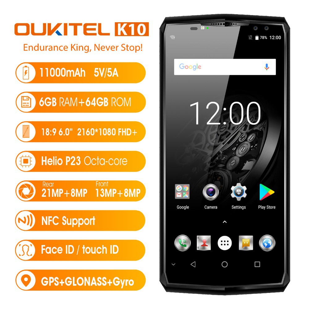 điện thoại oukitel K10, pin 11000mAh,RAM 6GB,4 CAMERA màu gold