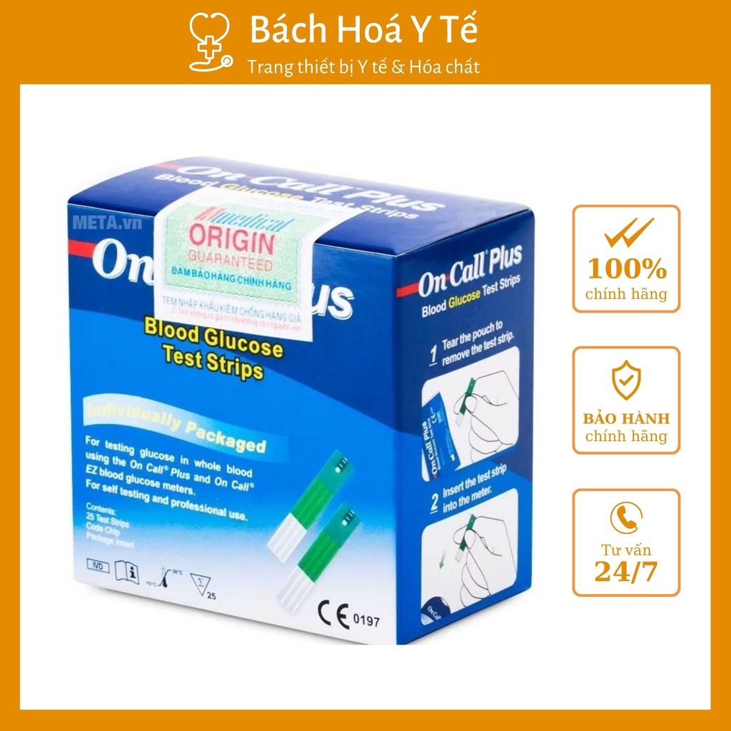 [BHYT] Que Thử Đường Huyết On Call Plus (tiểu đường) Hộp 25 Que, An Toàn, Chính Xác, Hiệu Quả, Nhanh Chóng