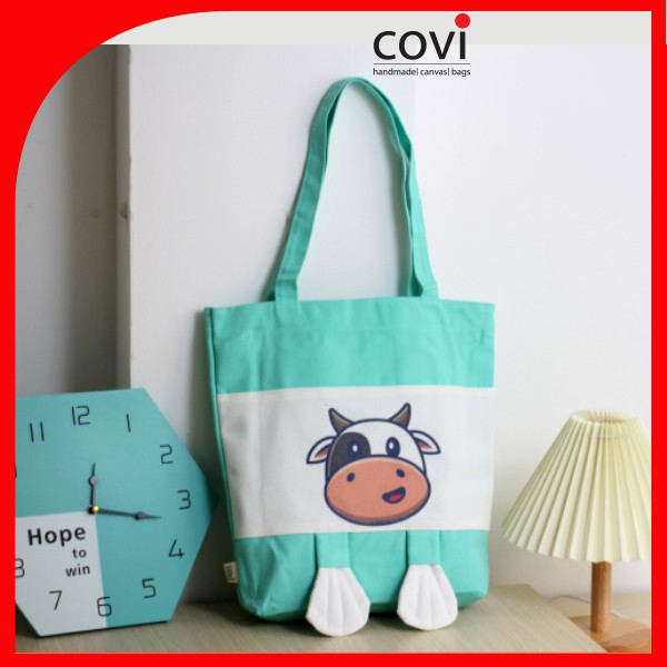 Túi vải tote, vải canvas, vải bố Hàn Quốc phối hình in con bò 2 chân thời trang COVI nhiều màu sắc T20