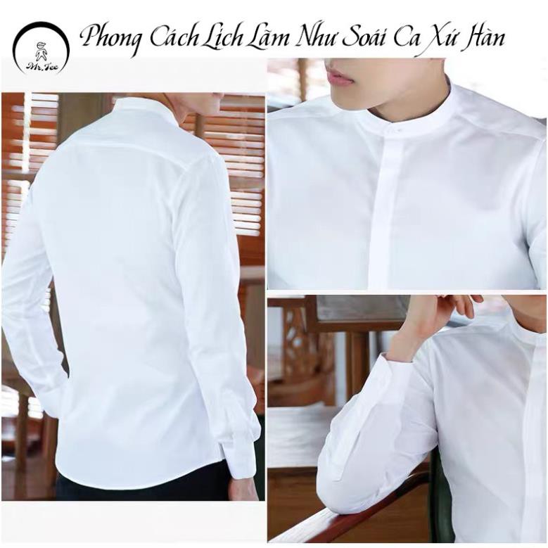 Áo sơ mi trắng nam  form rộng cổ trụ dài tay vải lụa dày dặn kiểu Hàn Quốc | HD2000Shop ་