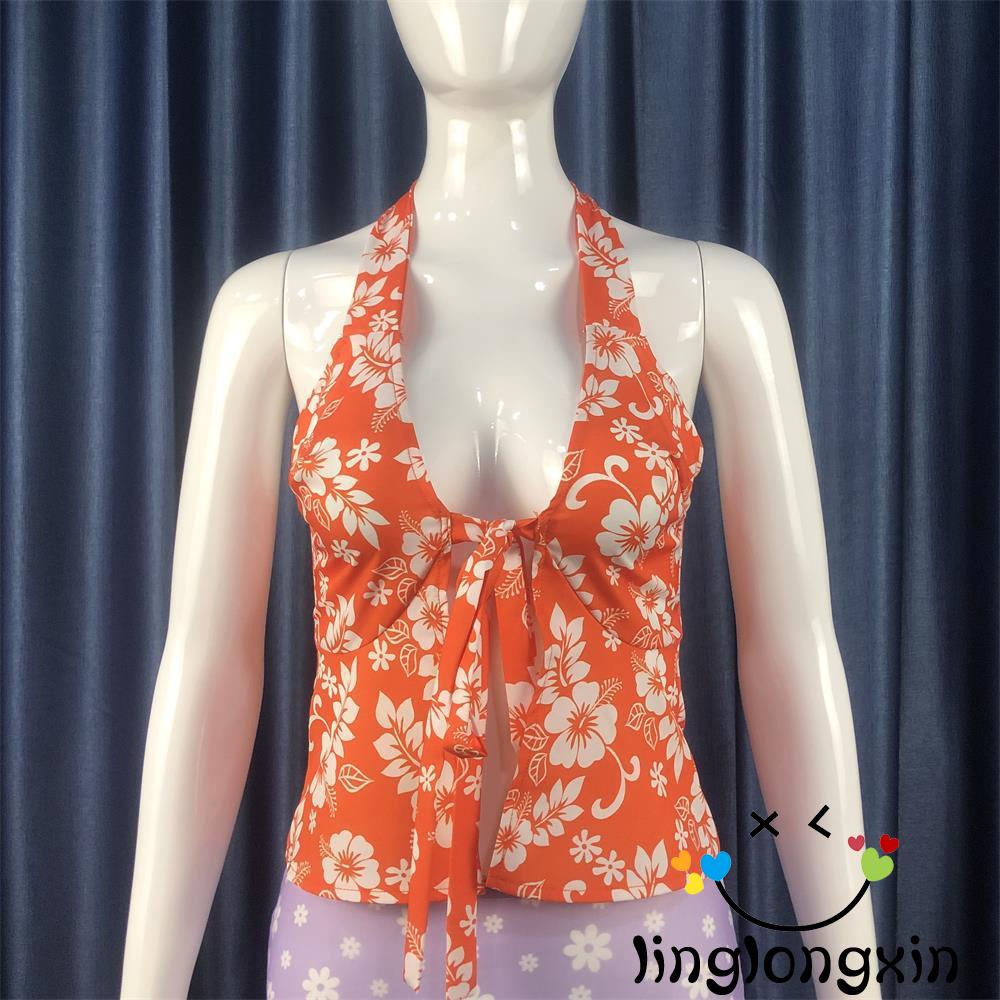 ♥VM✰Vintage Y2K Bohemian Floral Print Crop Top Summer Beach Style Sexy V-neck Backless Halter Cami Top Women