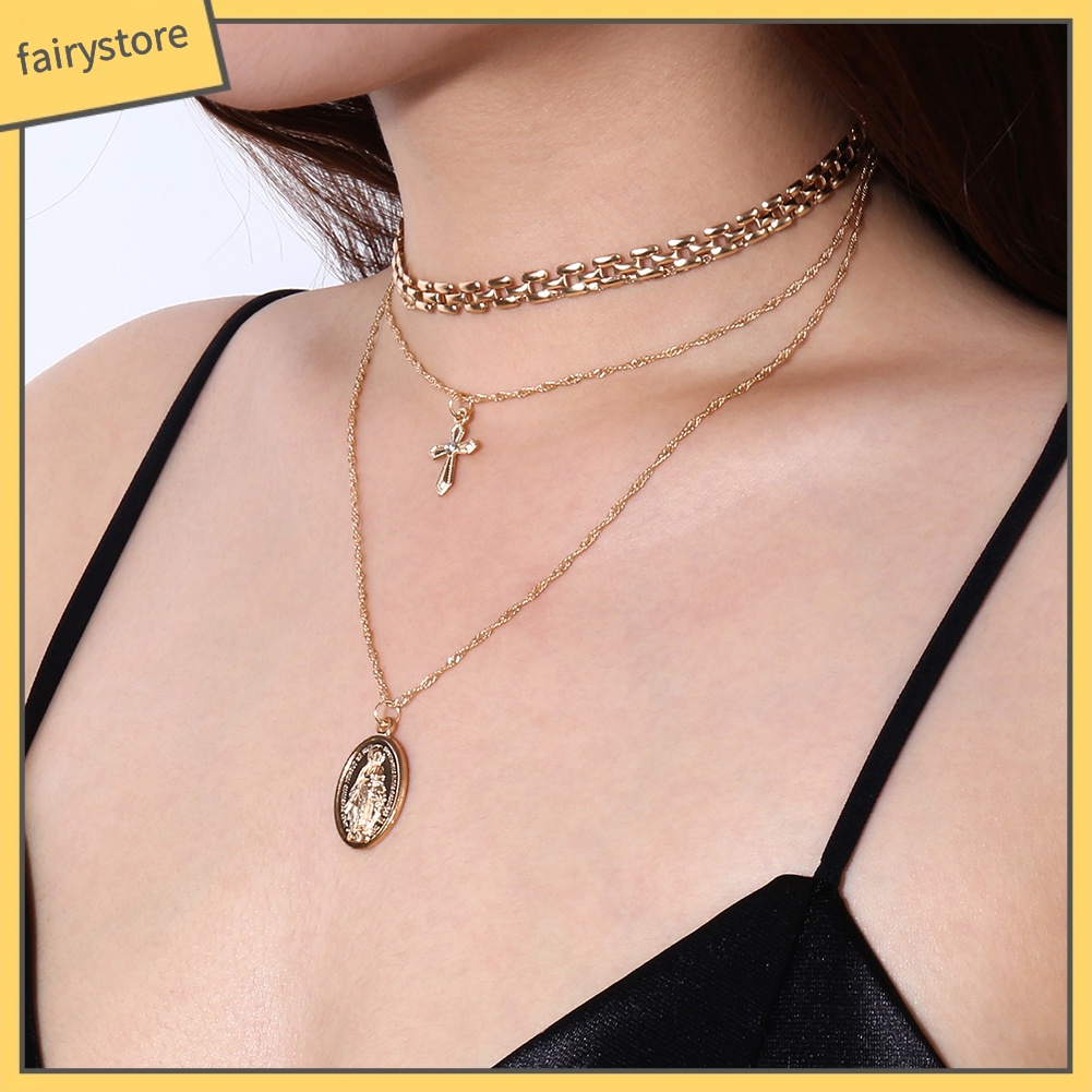 Dây chuyền đa lớp mặt hình chúa jesus và thánh giá thời trang