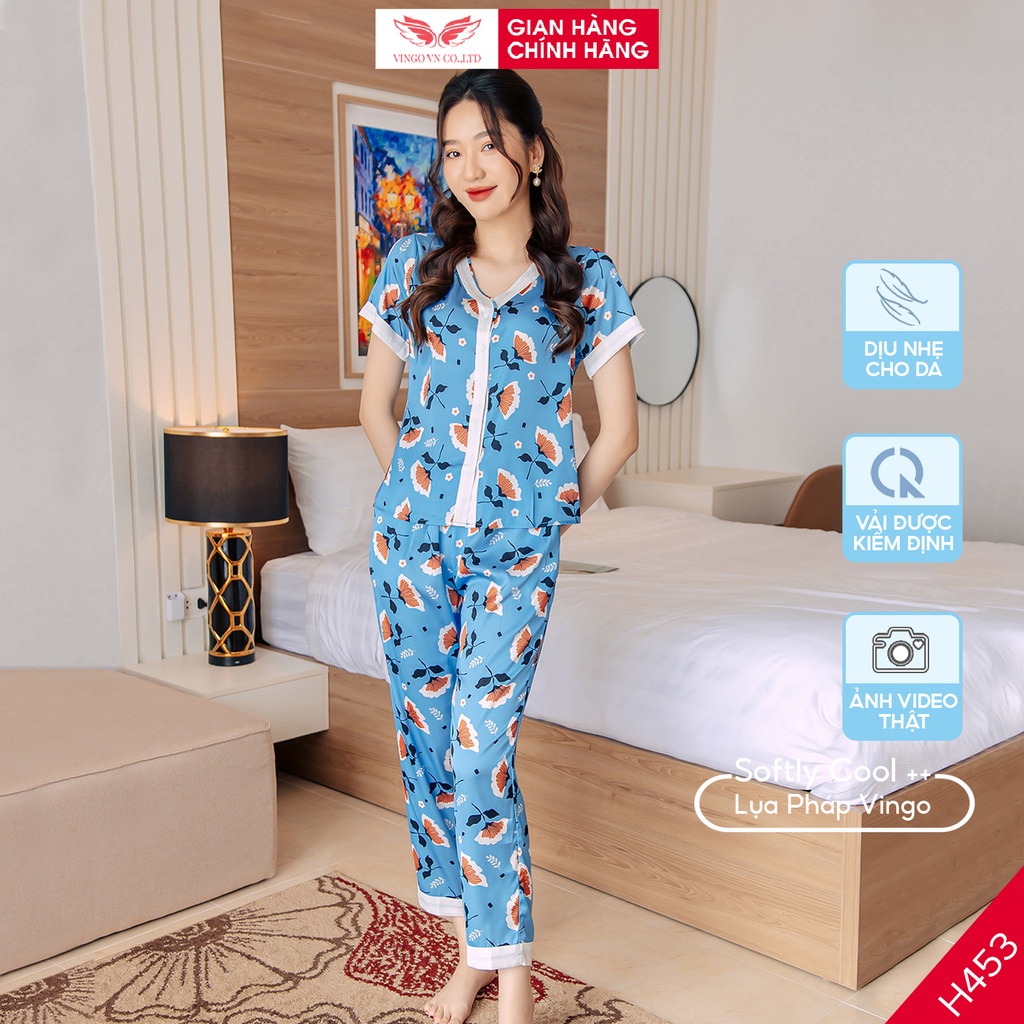 Đồ Bộ Ngủ Nữ Pijama Mặc Nhà VINGO Lụa Pháp Cao Cấp Tay Cộc Quần Dài Cổ Cách Điệu Họa Tiết Hoa Nền Xanh H453 VNGO
