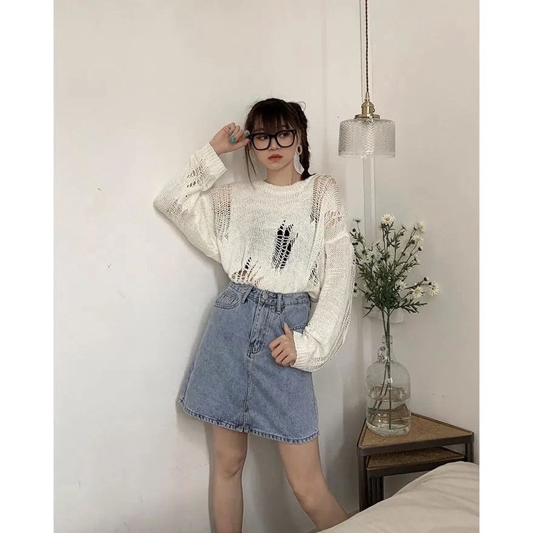 Áo sweater mặc chui đầu phong cách Hàn Quốc thiết kế rỗng thời trang mùa hè tay dài dệt kim mỏng dành cho nữ