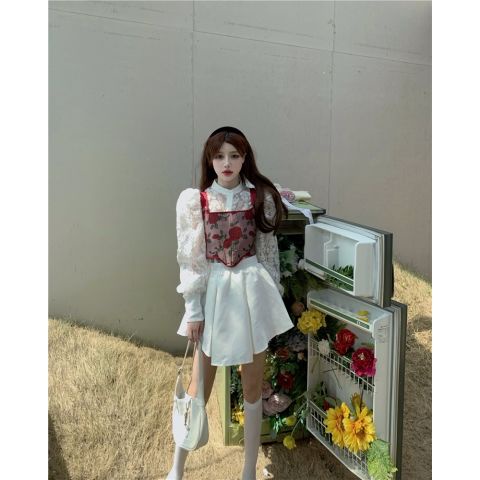 Set áo corset họa tiết hoa hồng+áo sơ mi+chân váy lưng cao thời trang mùa thu phong cách Pháp 2021 trẻ trung