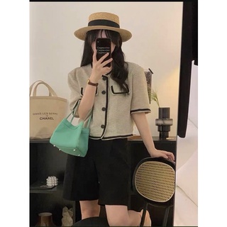 Áo dạ tweed ngắn tay viền đen basic