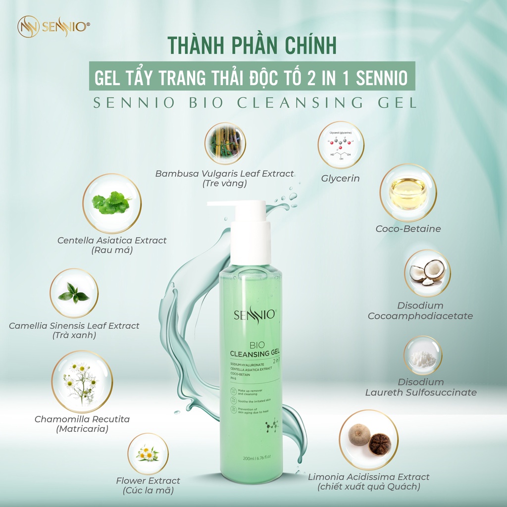 Nước tẩy trang không cồn Sennio Bio Gel Cleanser dạng gel thải độc 2 in 1 phù hợp cho da dầu mụn 200ml SNO 826