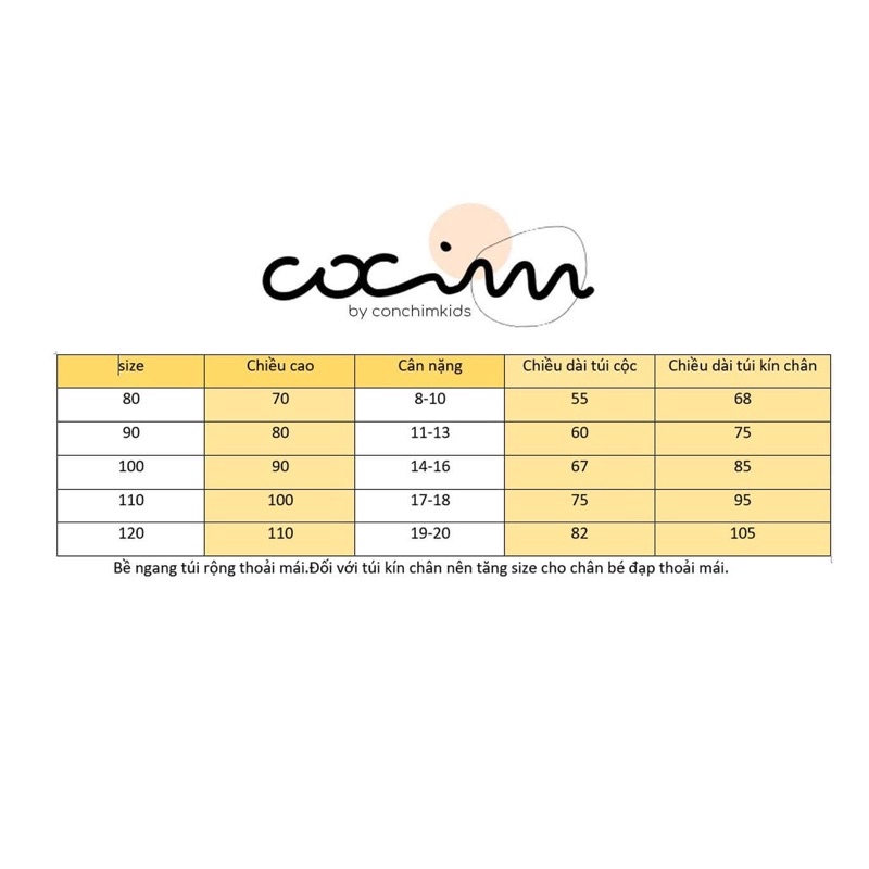 Túi ngủ cho bé trần bông mỏng CONCHIM,có khoá chân