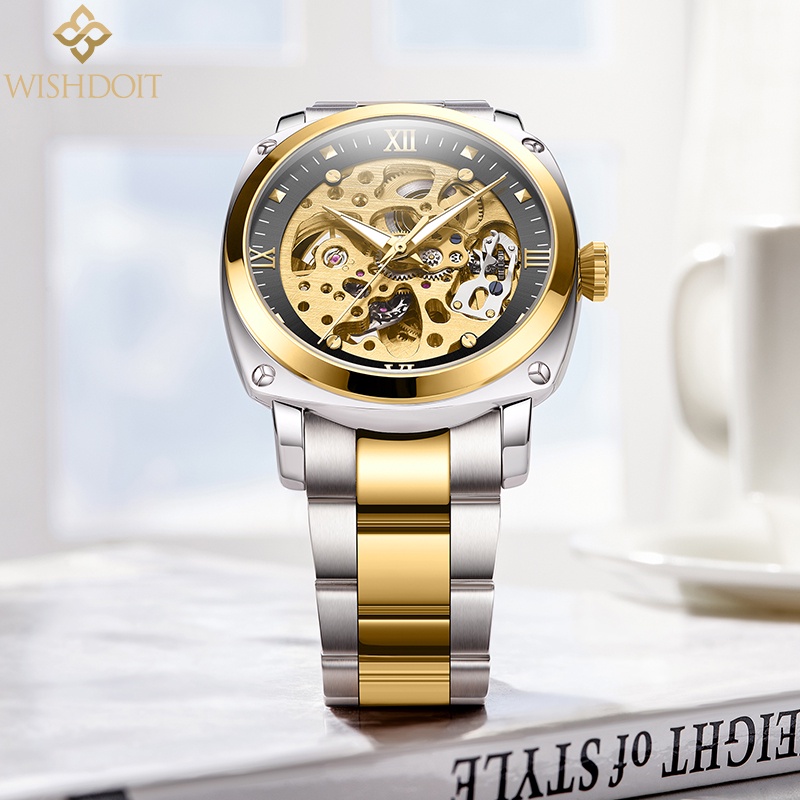 Đồng hồ cơ WISHDOIT tự động màu vàng kim dây đeo thép không gỉ phong cách doanh nhân chống nước cho nam