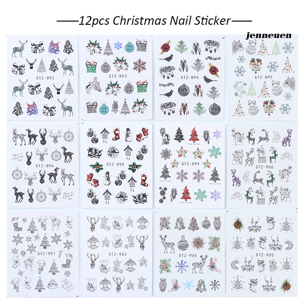 [Hàng mới về] Bộ 12 Đề Can Dán Trang Trí Móng Chuyển Họa Tiết Bông Tuyết/Chuông/Tuần Lộc Giáng Sinh