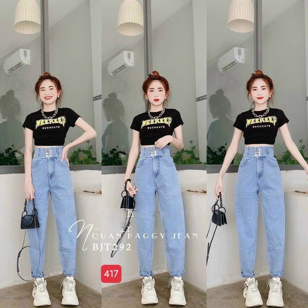 Quần baggy nữ đẹp muradfashion màu xanh chất jeans không giãn, hoạt tiết rách BG