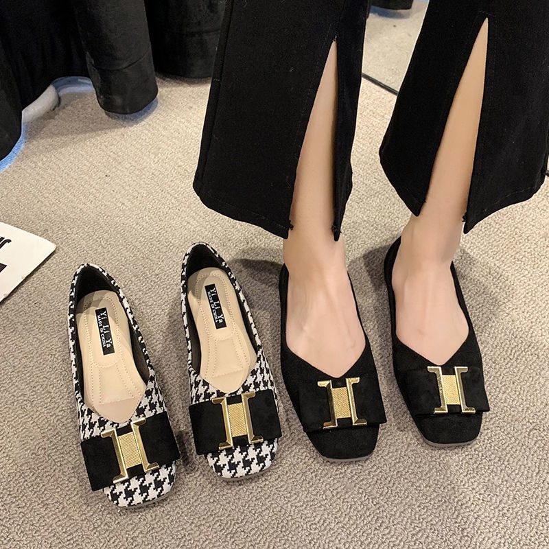 Giày Búp Bê Mũi Vuông Đế Bằng Phối Khóa Kim Loại Thời Trang Mùa Thu 2022 Mới Cho Nữ