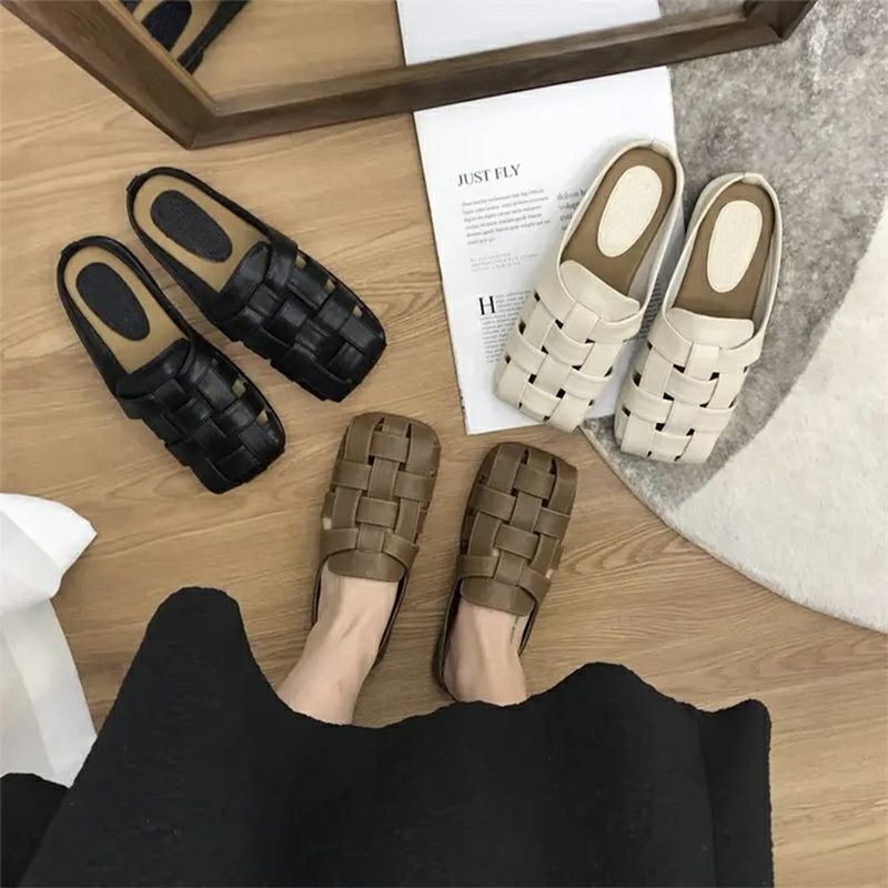 Dép sục da đế bằng đan dây phong cách Hàn Quốc