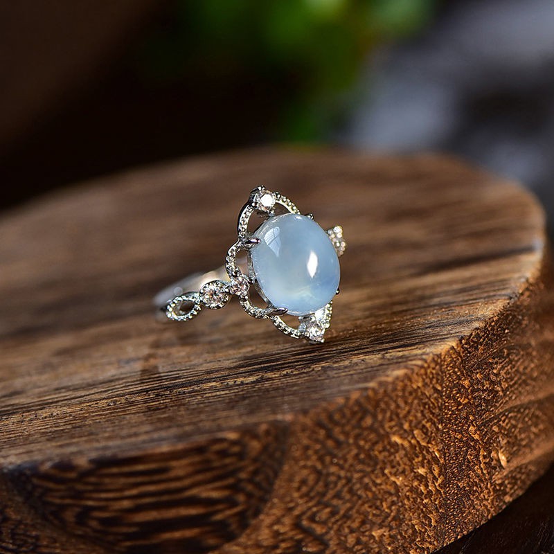 Nhẫn bạc S925 đính đá xanh biển tự nhiên thời trang nữ