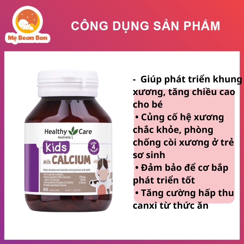 canxi Healthy Care Milk Calcium Úc 60 viên cho bé biếng ăn với d3 giảm còi xương phát triển chiều cao từ 4 tháng tuổi