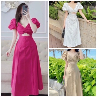 Đầm váy tay phông xoắn ngực hở eo form dài hồng neon nude trắng