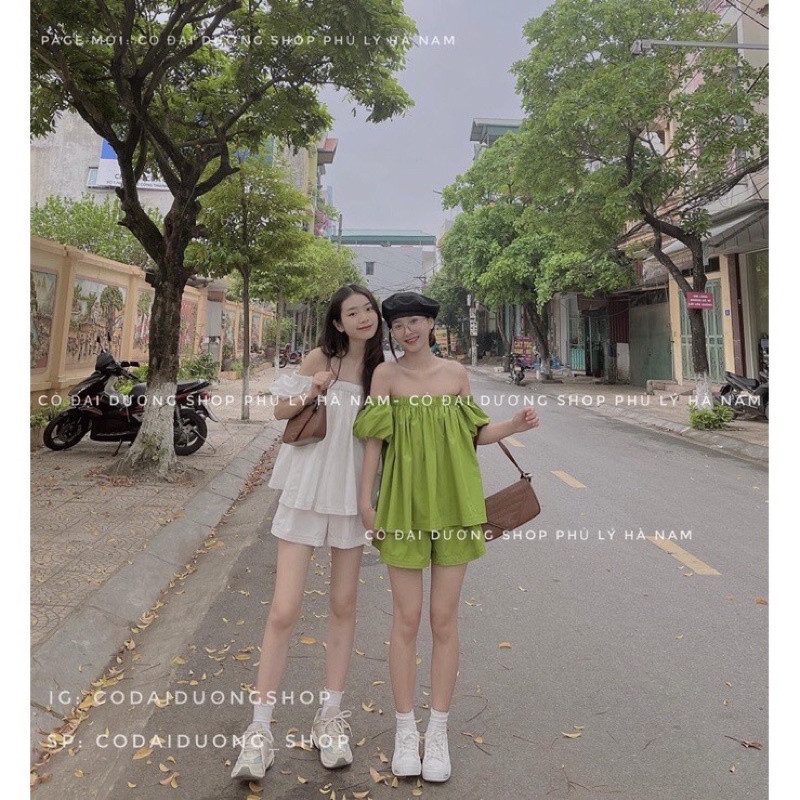 Set Bộ Nữ Trễ Vai + Quần Sooc - Halinh Shop - Set Bộ Trễ Vai Phối Quần Sooc Đùi Cạp Chun 2 Màu Xanh Bơ , Trắng