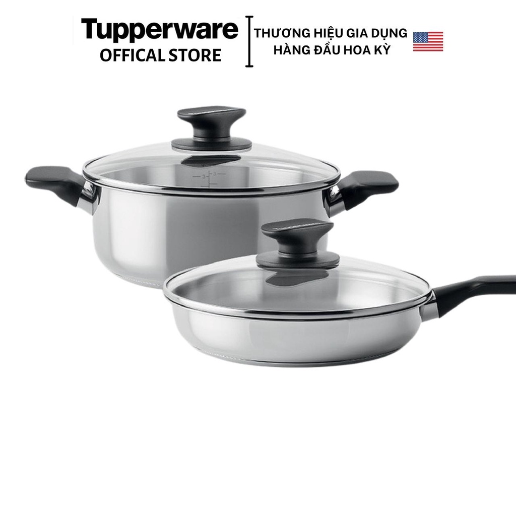 Bộ đôi Nồi Chảo Tupperware Universal Cookwave Frypan 24cm, nắp kính cường lực (kèm quà tặng) - Bảo hành 3 năm