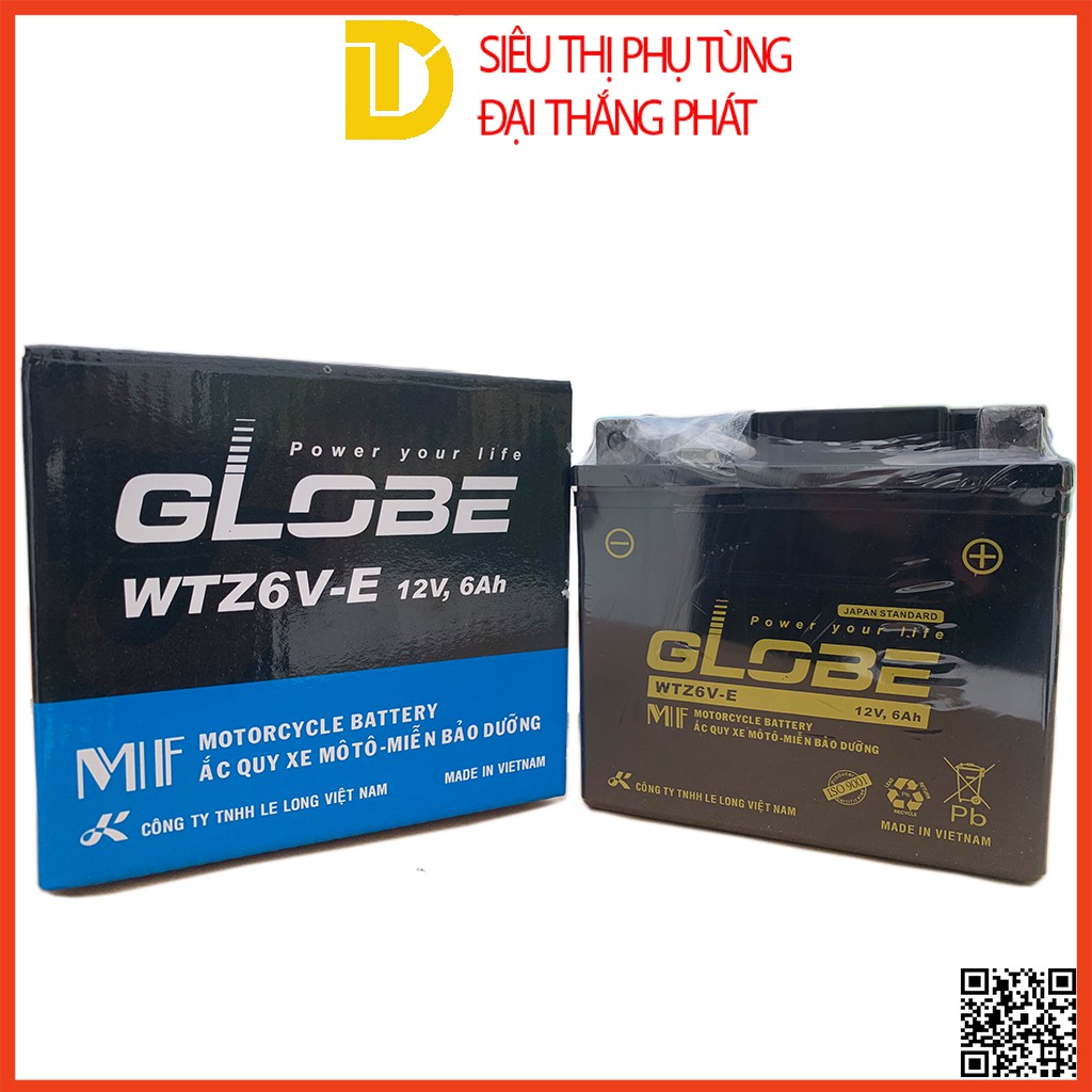 Bình ắc quy khô GLOBE WTZ6VE 12V-6AH ắc quy xe máy Airblade 2013, PCX, Sh, SH mode,..