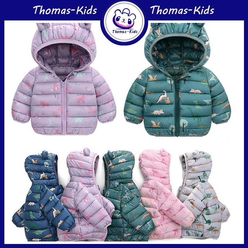 [THOMAS KIDS] Áo Khoác Giữ Nhiệt Có Nón Và Khóa Kéo In Họa Tiết Khủng Long Hoạt Hình Cho Bé 1-5 Tuổi