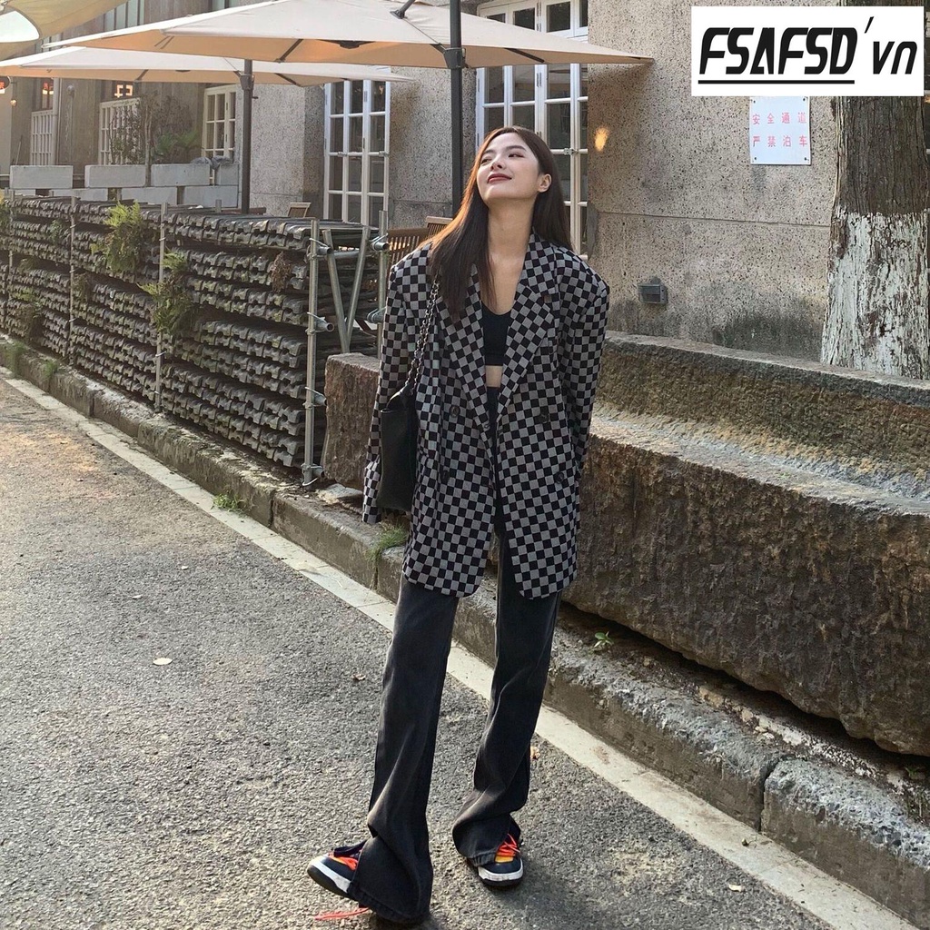 Áo Khoác Blazer Form Rộng Họa Tiết Sọc Caro Thời Trang