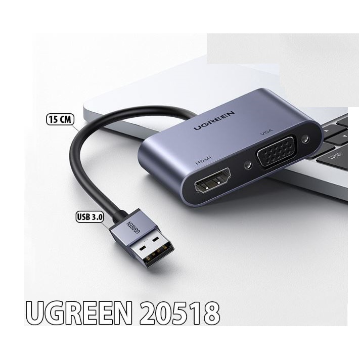 Cáp chuyển USB 3.0 sang HDMI/ VGA Ugreen 20518 (xuất cùng lúc 2 màn hình HDMI Và VGA)