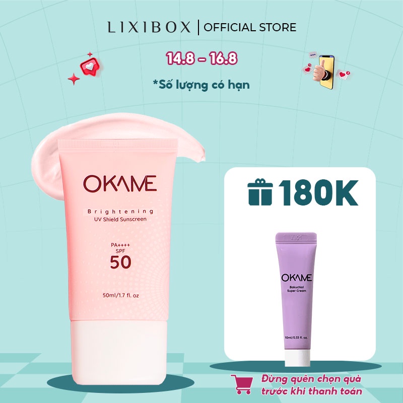 Kem chống nắng tone-up, quang phổ rộng Okame Brightening UV Shield Sunscreen SPF 50 PA++++ 50ml