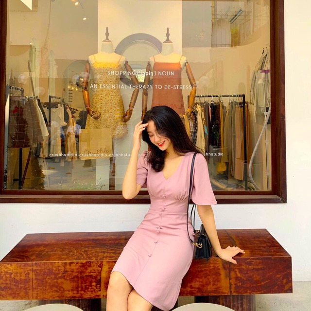 ĐẦM CỔ V NÚT BỌC CHIẾT EO ĐI LÀM ĐI DẠO