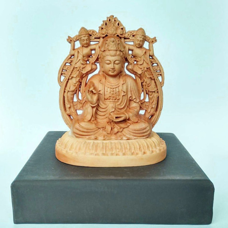 Tượng Phật Bà Quan Âm tự tại bằng gỗ Hoàng Dương - TẶNG 1 VÒNG ĐEO TAY - HÀNG CHUẨN HÌNH CHUẨN