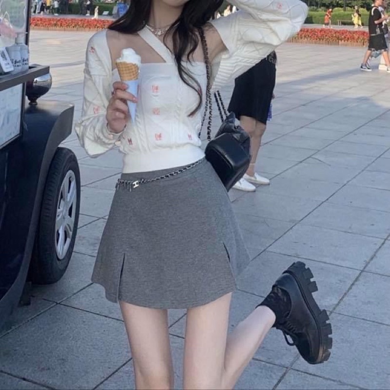 Set áo len dệt kim yếm chéo ngực kèm áo khoác cardigan tay dài croptop và chân váy ngắn chữ a xám - Order taobao