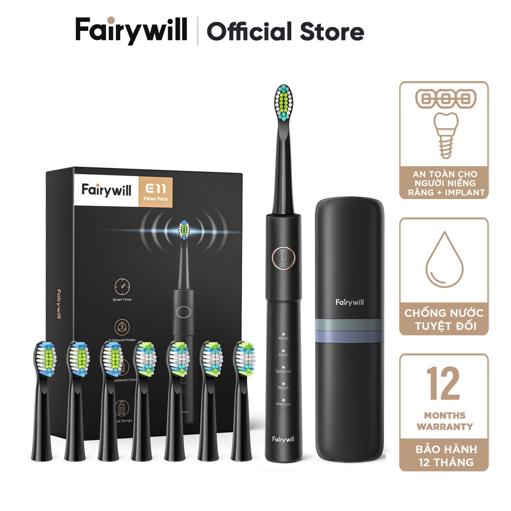 Bàn chải điện Fairywill E11 Đen + 8 Đầu bàn chải + Hộp du lịch - 5 Chế độ chải răng &amp; Làm trắng răng [12 tháng 1 đổi 1]