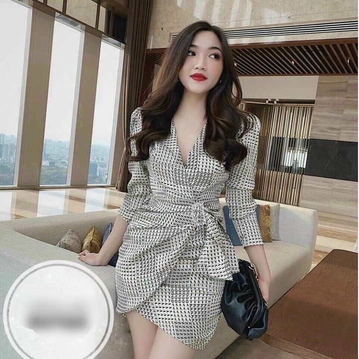 Đầm suông nữ caro ôm body tay lỡ đắp tà kèm khoen đai chất lụa freesize 55kg sang trọng quý phái L756