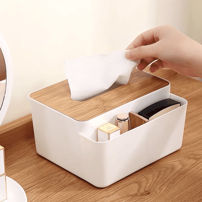 Hộp Khăn Giấy Nắp Gỗ 3 Ngăn Hộp Đựng Giấy Ăn Để Bàn ZA32 (3 Ngăn )