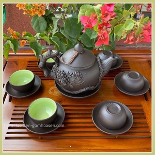 Bộ ấm chén tử sa đắp nổi  Bát Tràng