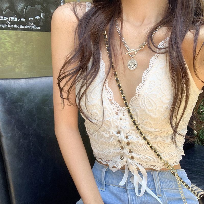 Áo 2 dây vải ren có mút đệm ngực thời trang hè kiểu Pháp cho nữ