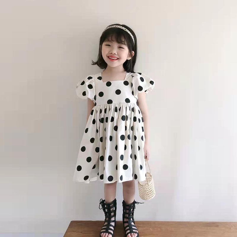 Đầm Công Chúa Tay Ngắn Phồng Hở Lưng Họa Tiết Chấm Bi Thời Trang Mùa Hè Dành Cho Bé Gái