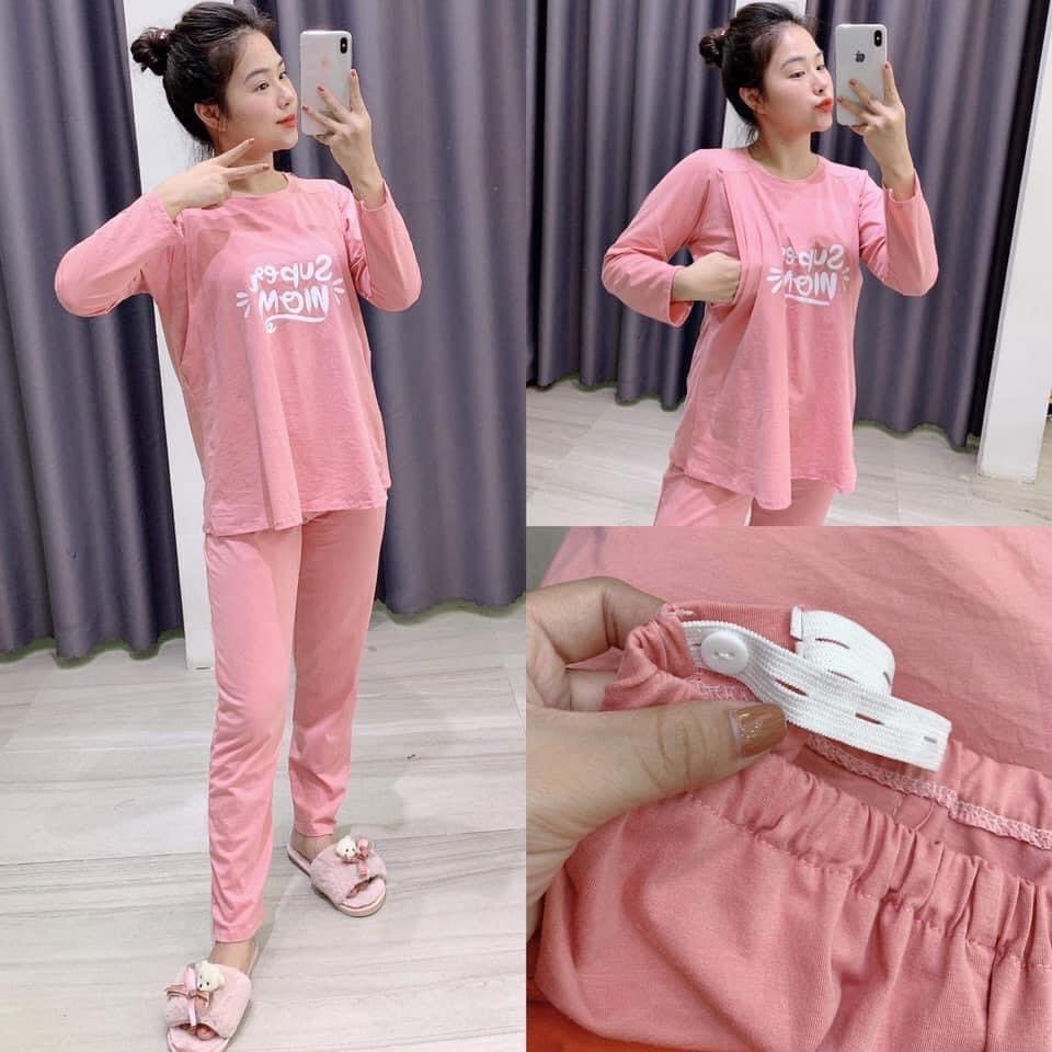 Đồ Bộ bầu và cho con bú sau sinh dài tay Super Mom, chất cotton Cao Cấp cho mẹ bầu mặc nhà BD902