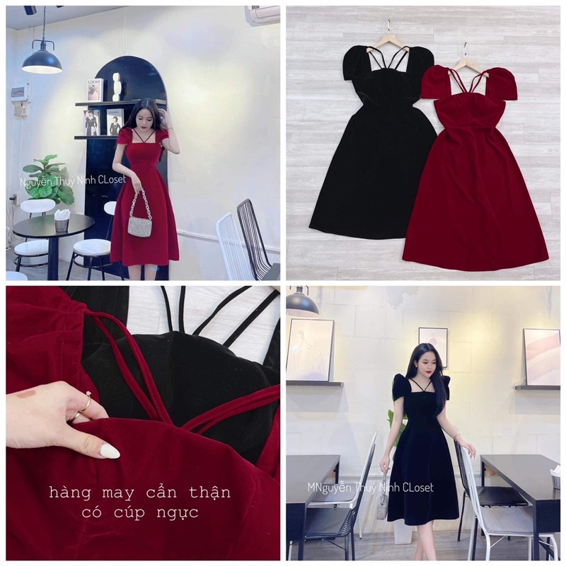 Váy nhung cổ vuông tay bồng đen đỏ đan dây ngực