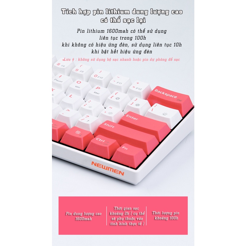 Bàn phím cơ không dây Dual Mode Newmen GM610 Pro,tặng kèm bộ 4 keycap rồng-hổ, bh 24 tháng,tương thích PC/Laptop/Mac/...