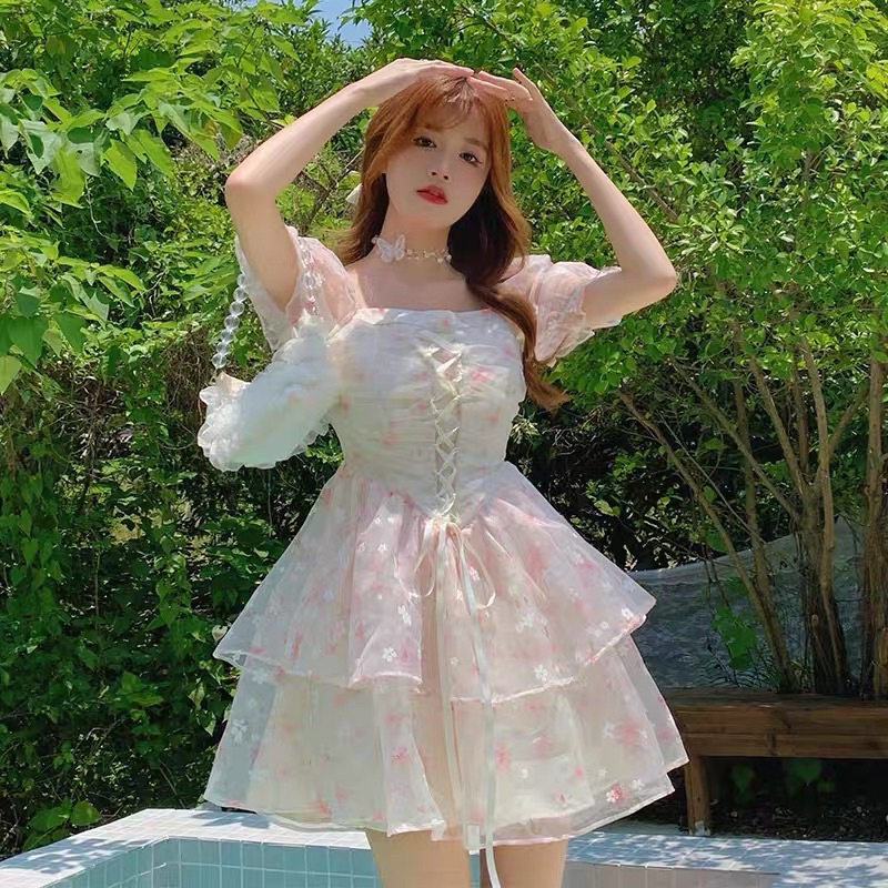 🌷 Váy Hoa Nhí Hồng Dáng Xoè Tầng Tay Phồng Thắt Dây Tiểu Thư Xinh Xắn