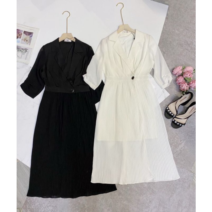 Đầm midi Cati cổ vest phối dập ly