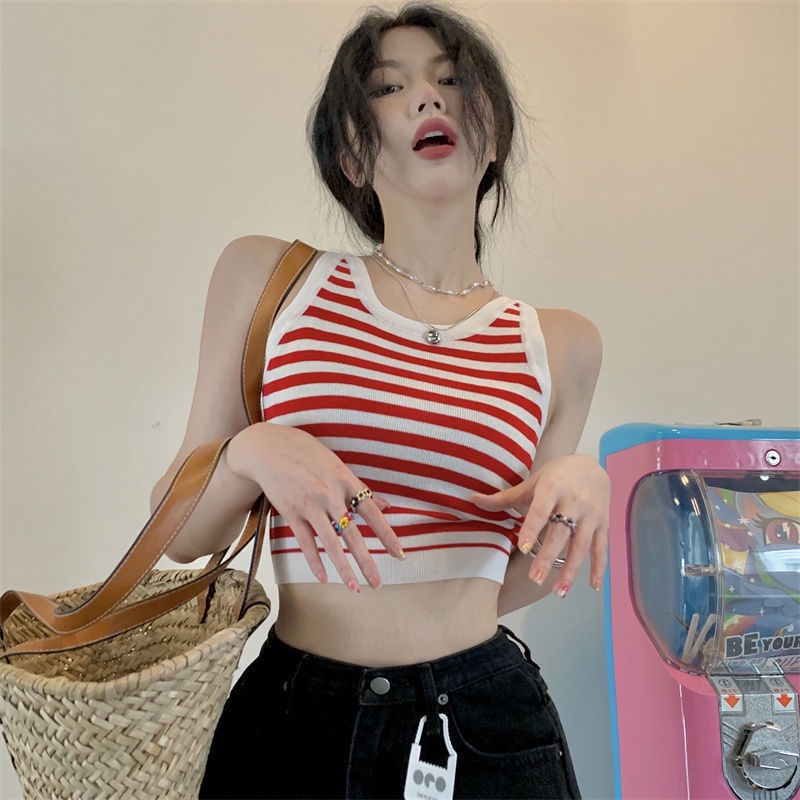 Áo Hai Dây Dáng Ngắn Họa Tiết Kẻ Sọc Màu Sắc Tương Phản Gợi Cảm Thời Trang Mùa Hè Mới Cho Nữ
