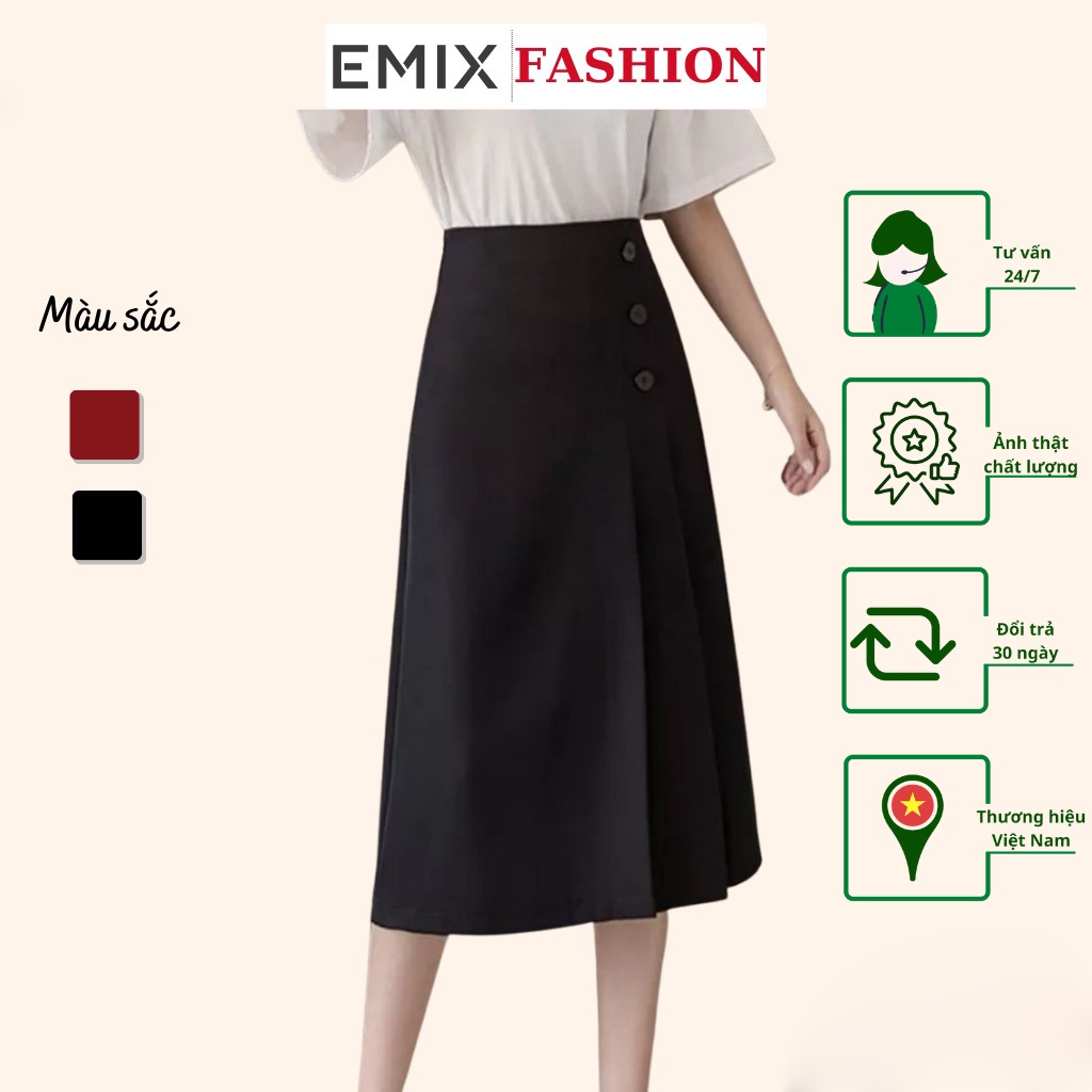 Chân váy công sở xòe phối cúc EMIX (màu đen), dài 65cm, cạp cao, có khóa kéo, xếp ly, vải tuyết mưa mềm mịn 704