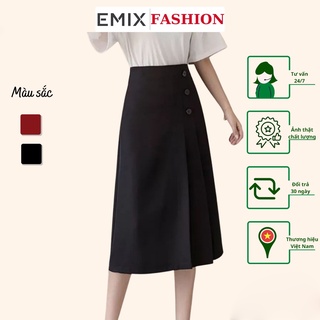 Chân váy công sở xòe phối cúc EMIX (màu đen), dài 65cm, cạp cao, có khóa kéo, xếp ly, vải tuyết mưa mềm mịn 704