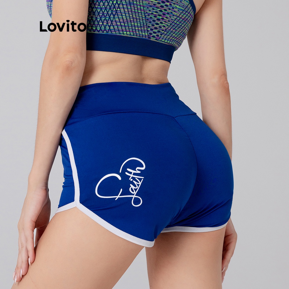 Quần Short Thể Thao In Chữ Lovito L05205 (Màu Xanh / Đen)