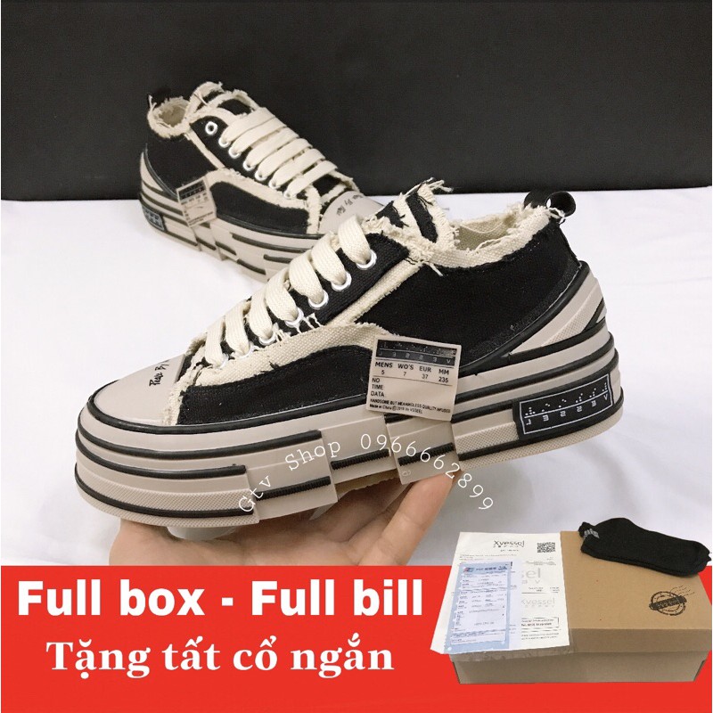 Full box-Full bill, Tặng tất - Giày sneaker đế gỗ xvessel đen rách, size 36-43. .