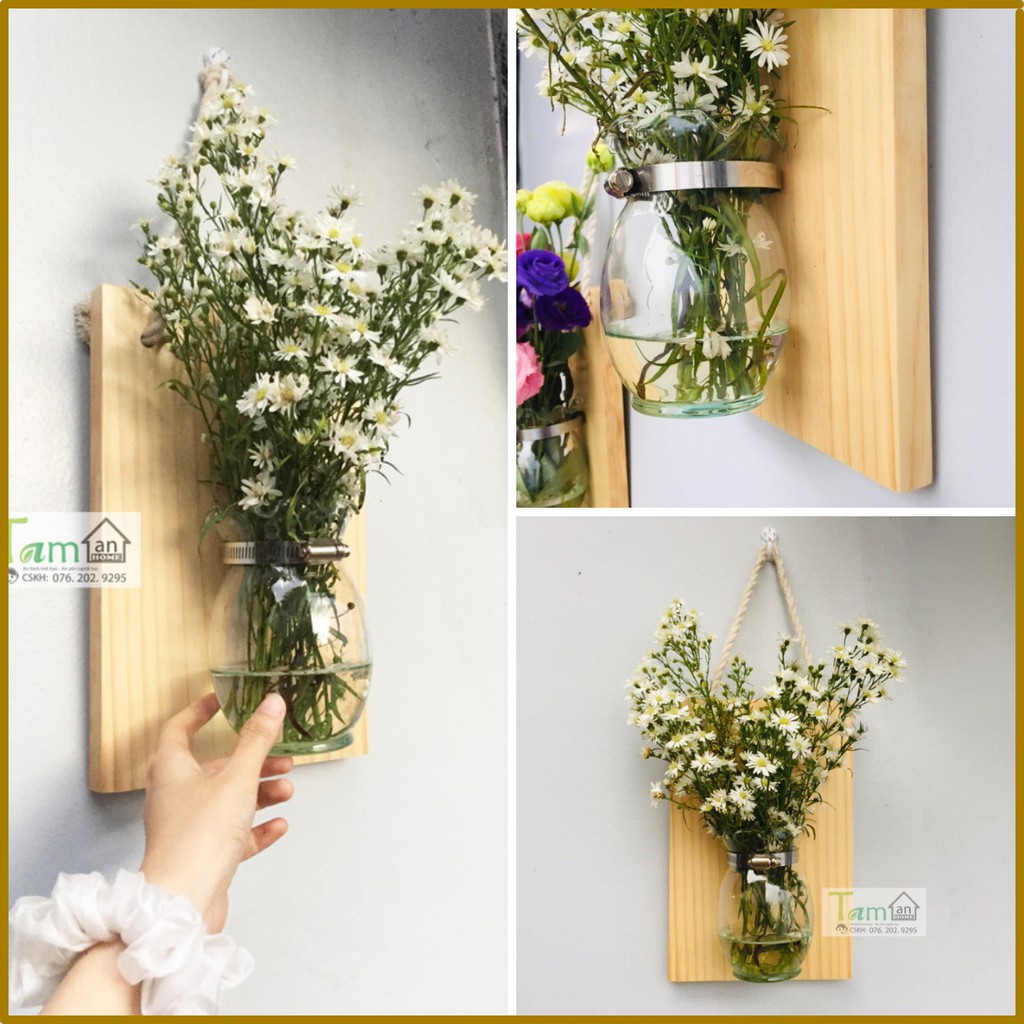 Bảng gỗ treo tường kèm lọ hoa thuỷ tinh decor phòng TAMAN HOME, lọ thuỷ sinh 600ml treo ban công không cần khoan tường