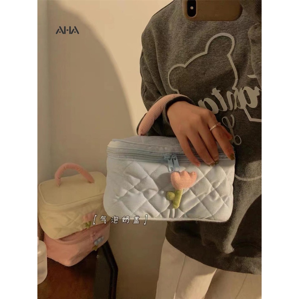 Túi nhung AHA OFFICIAL đựng mỹ phẩm sức chứa lớn họa tiết hoa dễ thương cao cấp