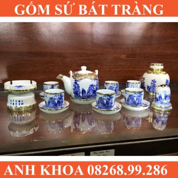 Ấm chén bọc đồng dáng vại vẽ trúc lâm thất hiền - Gốm sứ Bát Tràng Anh Khoa